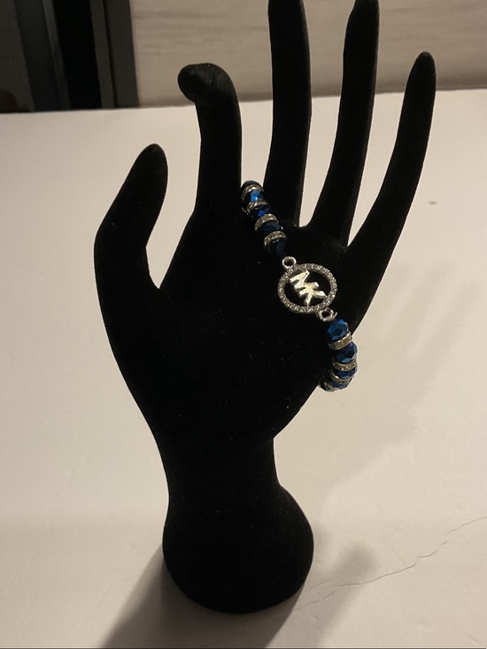 Michael Kors Jewelry - Silver-Tone Bracelet with Blue Faceted Beads and Logo Disc
